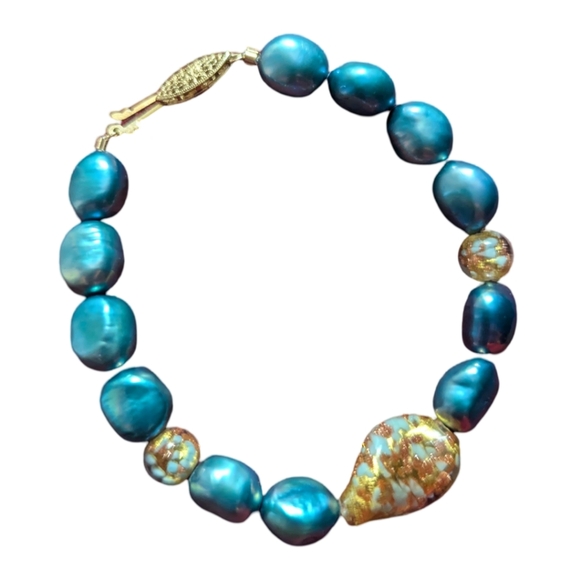 Freshwater Pearls? Bracelet with 14K Pre-Loved Beautiful! Blue & Gold - Picture 4 of 10